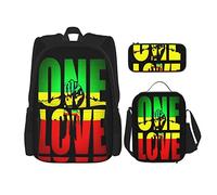 IUBBKI Set di 3 zaini Reggae Rasta One Love, verde, giallo e rosso, con astuccio portapenne, borsa porta pranzo, combinazione per uomo, donna, ragazzo e ragazza.
