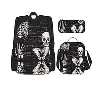 IUBBKI Set di 3 zaini (teschio, scheletro scuro, anatomia) con borsa per libri, borsa per il pranzo e astuccio, per università, lavoro, palestra, escursionismo, pesca, computer.