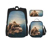 IUBBKI Set di 3 zaini Un orso sul mare, ceppo, nuvola e cielo, borsa per libri, astuccio per il pranzo, combinazione per uomini, donne, ragazzi e ragazze.
