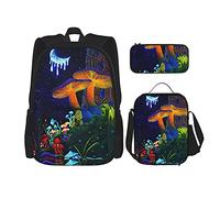 IUBBKI Shiny Mushroom Forest Zaino scolastico in tre pezzi per ragazze e adolescenti (combinazione borsa scuola + astuccio + borsa pranzo)