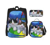 IUBBKI Simpatico gatto sotto la pioggia Zaino scolastico in tre pezzi per ragazze e adolescenti (combinazione borsa scuola + astuccio + borsa pranzo)