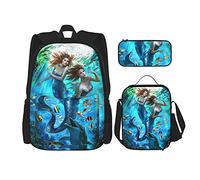 IUBBKI Sirena nel mare profondo Zaino scolastico in tre pezzi per ragazze e adolescenti (combinazione borsa scuola + astuccio + borsa pranzo)