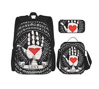 IUBBKI Tema d'amore con mani aperte e cuori rossi Zaino scolastico in tre pezzi per ragazze e adolescenti (combinazione borsa scuola + astuccio + borsa pranzo)