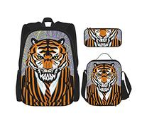 IUBBKI Tiger indossa un abito a righe Zaino per la scuola in tre pezzi per ragazze e adolescenti (combinazione di borsa per la scuola + astuccio + borsa per il pranzo)