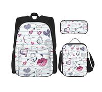 IUBBKI Valentine's Day Love Doodle Zaino scolastico in tre pezzi per ragazze e adolescenti (combinazione borsa scuola + astuccio + borsa pranzo)