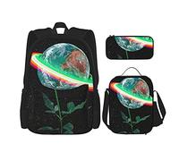 IUBBKI Zaino da scuola in tre pezzi con fiore di terra astratto per ragazze e adolescenti (combinazione di borsa per la scuola + astuccio + borsa per il pranzo)