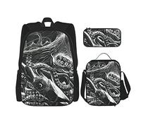 IUBBKI Zaino da scuola set 3 pezzi Borsa da libro per ragazze adolescenti (calamaro gigante) + borsa da pranzo + astuccio carino college lavoro palestra escursionismo pesca borsa per il trasporto