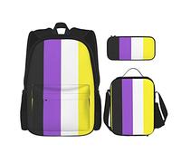 IUBBKI Zaino non binario con bandiera dell'orgoglio Zaino per libri scolastici per studenti Set 3 pezzi con astuccio per portapranzo per ragazze dei ragazzi