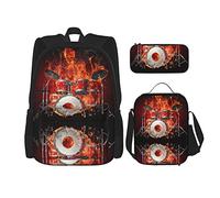 IUBBKI Zaino scuola set 3 pezzi Ragazzi Adolescenti (Rock Roll Drums Flame Drummer Skull) Borsa per libri + Pranzo al sacco + Astuccio Carino College Lavoro Palestra Escursionismo Pesca Carry On Bag