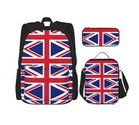 IUBBKI Zaino scuola set 3 pezzi Ragazzi Ragazzi (Bandiera Union Jack) Borsa libro + Pranzo al sacco + Astuccio Zaino carino College Lavoro Palestra Escursionismo Pesca Carry On Bag