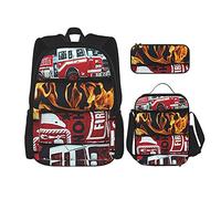 IUBBKI Zaino scuola set 3 pezzi Ragazzi Ragazzi (Camion dei vigili del fuoco) Borsa libro + Pranzo al sacco + Astuccio carino College Lavoro Palestra Escursionismo Pesca Borsa per computer