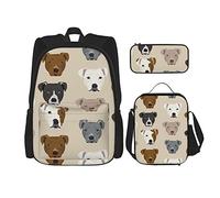 IUBBKI Zaino scuola set 3 pezzi Ragazzi Ragazzi (Teste di Pitbull) Borsa libro + Borsa pranzo + Astuccio carino College Lavoro Palestra Escursionismo Pesca Carry On Bag