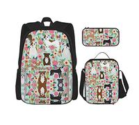 IUBBKI Zaino scuola set 3 pezzi Studenti Ragazzi (Floral Pitbull) Borsa libro + Pranzo al sacco + Astuccio Carino College Lavoro Palestra Escursionismo Pesca Borsa per computer