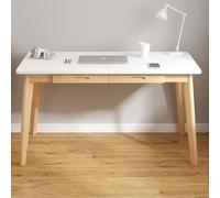 IUBGFTO con 2 cassetti, scrivania Moderna per Studio con Gambe in Legno massello, Piccola scrivania Semplice per Ufficio Domestico (Bianco 47 Pollici)