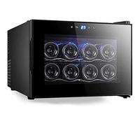 IUBGFTO Mini Wine Cooler 8 Bottiglie Termoelettrico Cantina per Vini Frigo Piccolo Piano di Lavoro umidità Costante Frigo per Vini Ripiani in Legno Porta in Vetro Nero