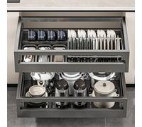 IUBGFTO Organizer per mobiletto Estraibile, cassetto Estraibile in Acciaio Inox per Utensili da Cucina con pentole e vaschetta per l'acqua Regolabili,Gray-675 * 420 * 150mm