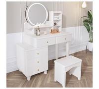 IUBGFTO Set da toeletta Bianco per Ragazze con Specchio, Sgabello e luci, 3 Colori di Illuminazione, Set da toeletta Regolabile con Grandi cassetti e Ripiani per Camera da Letto, per Ragazze e Donne