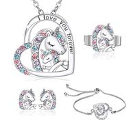 IUDWCG 5 Pcs Collana unicorno Ragazze Orecchini ad anello unicorno, Set di gioielli unicorno per bambini, Collana cuore unicorno bambini figlia