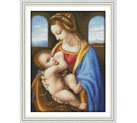 IUHUI Kit per Punto Croce Stampato 14 Count per Principianti Adulti, La Madonna Litta di Leonardo da Vinci Pre-Stampato DIY Kit di Ricamo e Cucito per Principianti 14ct Ricamo Modelli Facili Dipinti