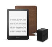 I'ultimo Kindle Paperwhite (versione 2024) da 16 GB con pubblicità, una custodia in pelle Amazon Premium e un alimentatore Amazon Powerfast da 9 W.