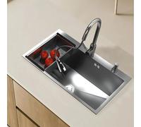 IUokLU Lavello da Cucina Nero da 80x50 cm con Una Vasca scolapiatti e Dispenser di Sapone Design Moderno Include sifone Troppo Pieno e Scarico Perfetto per cucine,Qhs-80x50