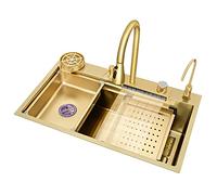 IUokLU Lavello Lavelli da Cucina Lavello Singolo Grande in Oro Lavello sopra Il bancone Lavello a Cascata Raindance Lavello sotto Il bancone con Accessori,Oro-68 * 45 * 21cm