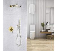 IUokLU Set di Accessori per Doccia in Ottone Dorato Spazzolato da 8-12 Pollici, Set di Soffioni per Doccia con Rubinetto per Bagno, Sistema Doccia A Parete, Braccio Do