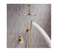 IUokLU Sistema Doccia, Miscelatore per Doccia A Soffitto in Oro Spazzolato, Set Doccia Multifunzione in Ottone con Maniglia Singola, Soffione Doccia Rotondo, Doccetta(A-12 Pollici)