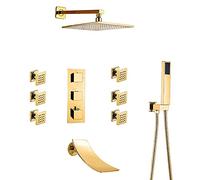 IUokLU Sistema Doccia Termostatico con Getti per Il Corpo, Rubinetto Doccia Dorato con Doccetta E Soffione Doccia Quadrato A Pioggia, Set Doccia Combinato, Vasca Nasco
