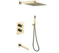 IUokLU Sistema Doccia Termostatico, Set Rubinetto Doccia Dorato, Set Doccia Combinato in Ottone A Parete, Miscelatore A Doppia Maniglia con Soffione, Doccetta, Beccuc(A-10 Pollici)