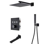 IUokLU Sistema Doccia Termostatico, Set Rubinetto Doccia Nero, Set Doccia Combinato A Parete, Miscelatore Doccia in Ottone con Soffione, Doccetta, Beccuccio per Vasca(A-8 Pollici)