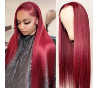 Iuscacey Borgogna 99J Parrucca frontale in pizzo rosso HD 13X4 Parrucche dei capelli umani Pre pizzicato parrucca frontale in pizzo dritto Wisg,22inches