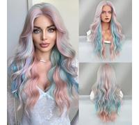 Iuscacey HD Parrucca frontale in pizzo trasparente Sciolto Corpo lungo ondulato Ombre Parrucca blu per le donne Parrucche di capelli frontali in pizzo riccio con parte centrale sintetica,Colorato