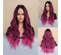 Iuscacey HD Parrucca frontale in pizzo trasparente Sciolto Corpo lungo ondulato Ombre Parrucca blu per le donne Parrucche di capelli frontali in pizzo riccio con parte centrale sintetica,Rosa