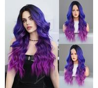 Iuscacey HD Parrucca frontale in pizzo trasparente Sciolto Corpo lungo ondulato Ombre Parrucca blu per le donne Parrucche di capelli frontali in pizzo riccio con parte centrale sintetica,Purple blue