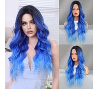 Iuscacey HD Parrucca frontale in pizzo trasparente Sciolto Corpo lungo ondulato Ombre Parrucca blu per le donne Parrucche di capelli frontali in pizzo riccio con parte centrale sintetica,Blu