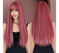 Iuscacey Lungo marrone chiaro evidenziare parrucche bianche con frangia per le donne popolare dolce parrucca sintetica per il cosplay quotidiano di Halloween,Rosa