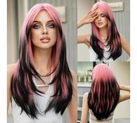 Iuscacey Parrucca bionda ombre per le donne Parrucca lunga e diritta con frangia per il giorno Paty Parrucca sintetica a strati Hai Fibra resistente al calore 24 pollici,Pink black