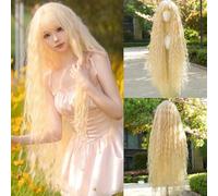 Iuscacey Parrucca bionda riccia lunga parrucca cosplay bionda lunga extra sciolta con frangia parrucca sintetica per costume resistente al calore 43 pollici,D'oro