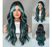 Iuscacey Parrucca di capelli neri a onda di corpo sciolto lungo evidenziare frangia a tenda verde parrucche ad alta densità a strati sintetici ad alta densità 26 pollici,Blu