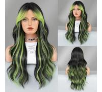 Iuscacey Parrucca di capelli neri a onda di corpo sciolto lungo evidenziare frangia a tenda verde parrucche ad alta densità a strati sintetici ad alta densità 26 pollici,Verde