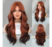 Iuscacey Parrucca di capelli neri a onda di corpo sciolto lungo evidenziare frangia a tenda verde parrucche ad alta densità a strati sintetici ad alta densità 26 pollici,Orange black