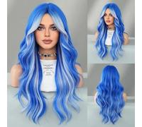 Iuscacey Parrucca di capelli neri a onda di corpo sciolto lungo evidenziare frangia a tenda verde parrucche ad alta densità a strati sintetici ad alta densità 26 pollici,Blue gray