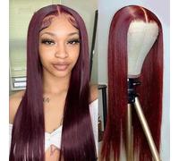 Iuscacey Parrucca dritta frontale in pizzo, 13 * 4 180 parrucche dei capelli umani rosso vino rosso per le donne Chiusura in pizzo dritto colorato bordeaux,24inches