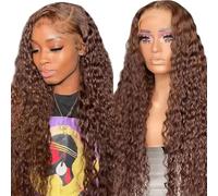 Iuscacey Parrucca frontale a onda profonda 13X4 Hd Pizzo Marrone cioccolato Pizzo riccio anteriore Capelli umani Onda d'acqua Parrucche brasiliane per le donne,14inches