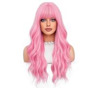 Iuscacey Parrucca sintetica lunga riccia rosa rossa Parte centrale della parrucca naturale per le donne Cosplay quotidiano Resistente al calore Parrucca a onde grandi,Rosa
