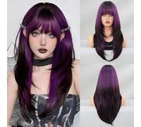 Iuscacey Parrucca verde lunga e diritta per le donne Parrucche di capelli a strati sciolti sintetici naturali con frangia a tendina Parrucche cosplay alla vaniglia,Viola