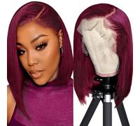 Iuscacey Parrucche anteriori in pizzo 13X4 HD 99J Borgognadritto parrucca corta Bob parrucca capelli umani Bob parrucche per donne nere pre strappato attaccatura dei capelli naturale,10inch
