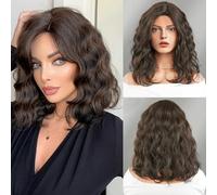 Iuscacey Parrucche di rame ondulate medie di lunghezza della spalla per la donna Capelli del partito quotidiano Parrucca Bob Radice scura Evidenziare la parrucca sintetica,Cold brown