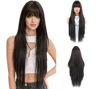 Iuscacey Parrucche nere parrucche sintetiche stratificate con frangia parrucca lunga di capelli lisci naturali per le donne Cosplay quotidiano fibra resistente al calore 34 llici,Nero